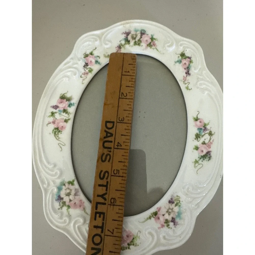 Vintage White Porcelain Oval Floral Photo Frame Pink Roses Victorian 5x7
